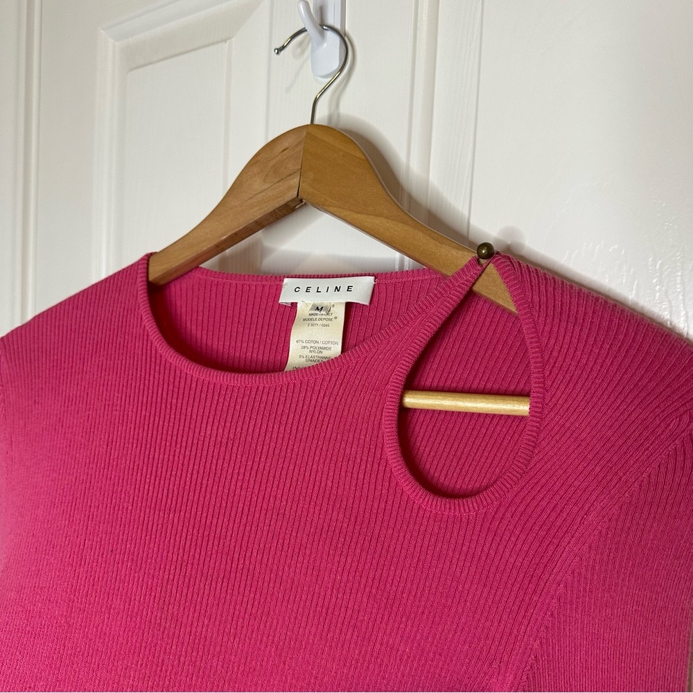 Y2K Celine Hot Pink Ribbed Cutout 3/4 Sleeve Top Sz M *Flawed*  Barbiecore Glam - Picture 3 of 10